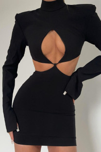 Black Sexy Solid Hollowed Out Split Joint Half A Turtleneck One Step Skirt Dresses