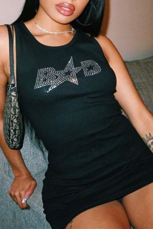 Black Sexy Casual Solid Hot Drill O Neck Vest Dress