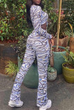 Colour Fashion Casual Print Draw String Frenulum V Neck Long Sleeve Two Pieces