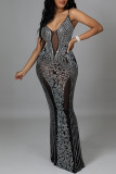 Black Fashion Sexy Patchwork Hot Drilling See-through Backless Spaghetti Strap Long Dress
