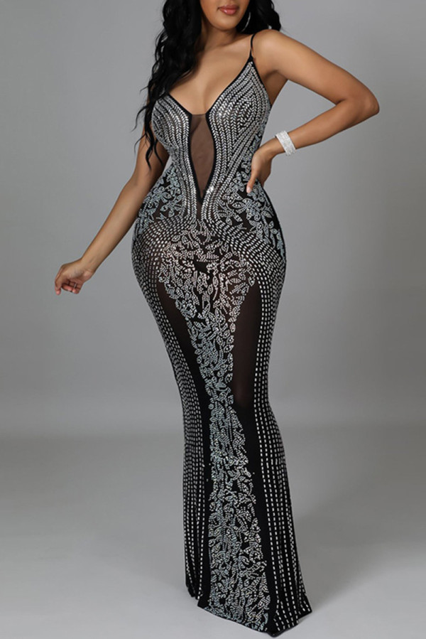 Black Fashion Sexy Patchwork Hot Drilling See-through Backless Spaghetti Strap Long Dress