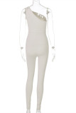 White Sexy Casual Solid Hollowed Out Backless One Shoulder Skinny Jumpsuits