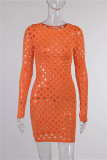 Orange Fashion Sexy Solid Hollowed Out See-through O Neck Long Sleeve Dresses