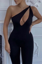 Black Sexy Casual Solid Hollowed Out Backless One Shoulder Skinny Jumpsuits