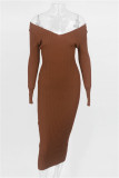Brown Fashion Casual Solid Basic V Neck Long Sleeve Dresses