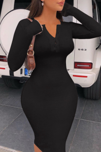 Black Sexy Solid Buckle O Neck Pencil Skirt Dresses