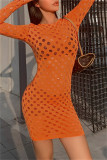 Orange Fashion Sexy Solid Hollowed Out See-through O Neck Long Sleeve Dresses