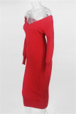 Red Fashion Casual Solid Basic V Neck Long Sleeve Dresses