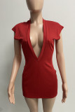 Red Sexy Solid Patchwork V Neck One Step Skirt Dresses
