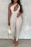 White Sexy Casual Solid Hollowed Out Backless One Shoulder Skinny Jumpsuits