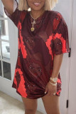 Burgundy Fashion Casual Print Basic O Neck T-shirt Dress