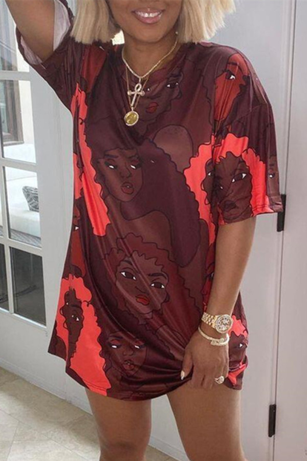 Burgundy Fashion Casual Print Basic O Neck T-shirt Dress