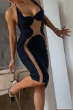 Black Sexy Solid Mesh Square Collar Pencil Skirt Dresses