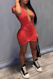 Red Sexy Solid Patchwork V Neck One Step Skirt Dresses