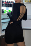 Black Sexy Solid Bandage Patchwork Backless O Neck One Step Skirt Dresses