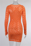 Orange Fashion Sexy Solid Hollowed Out See-through O Neck Long Sleeve Dresses
