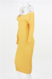 Yellow Fashion Casual Solid Basic V Neck Long Sleeve Dresses
