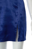 Blue Sexy Solid Split Joint Slit Asymmetrical Asymmetrical Collar One Step Skirt Dresses