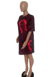 Burgundy Fashion Casual Print Basic O Neck T-shirt Dress