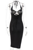 Black Sexy Solid Mesh Square Collar Pencil Skirt Dresses