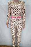 Tangerine Sexy Print Patchwork O Neck Long Sleeve Two Pieces
