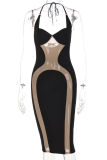Black Sexy Solid Mesh Square Collar Pencil Skirt Dresses