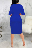 Blue Fashion Casual Solid Basic O Neck Short Sleeve Dress