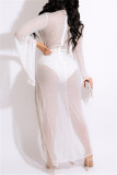 White Sexy Patchwork Hot Drilling Tassel See-through V Neck Evening Dress