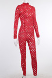 Red Fashion Sexy Solid Hollowed Out See-through Half A Turtleneck Skinny Jumpsuits