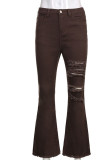 Brown Street Solid Ripped Patchwork High Waist Denim Jeans