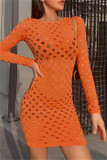 Orange Fashion Sexy Solid Hollowed Out See-through O Neck Long Sleeve Dresses
