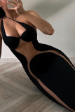 Black Sexy Solid Mesh Square Collar Pencil Skirt Dresses