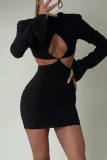 Black Sexy Solid Hollowed Out Patchwork Half A Turtleneck One Step Skirt Dresses
