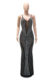 Black Fashion Sexy Patchwork Hot Drilling See-through Backless Spaghetti Strap Long Dress