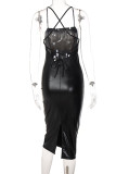 Black Sexy Solid Patchwork Backless Spaghetti Strap One Step Skirt Dresses