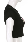 Black Fashion Street Print Patchwork O Neck T-Shirts