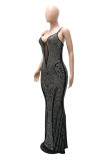 Black Fashion Sexy Patchwork Hot Drilling See-through Backless Spaghetti Strap Long Dress
