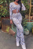 Colour Fashion Casual Print Draw String Frenulum V Neck Long Sleeve Two Pieces