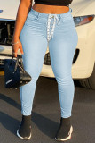 Medium Blue Fashion Casual Solid Frenulum Mid Waist Skinny Denim Jeans