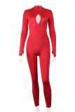 Red Fashion Sexy Solid Hollowed Out Backless Half A Turtleneck Skinny Jumpsuits