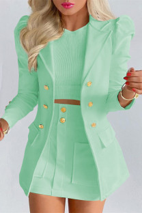 Green Fashion Casual Solid Cardigan Turndown Collar Long Sleeve Two Pieces