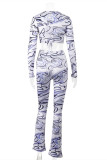 Colour Fashion Casual Print Draw String Frenulum V Neck Long Sleeve Two Pieces