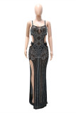Black Fashion Sexy Hot Drilling Hollowed Out See-through Backless Slit Spaghetti Strap Long Dress