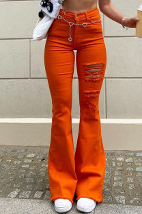 Orange Street Solid Ripped Split Joint High Waist Denim Jeans