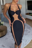Black Sexy Solid Mesh Square Collar Pencil Skirt Dresses
