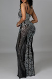 Black Fashion Sexy Patchwork Hot Drilling See-through Backless Spaghetti Strap Long Dress