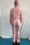 Pink Casual Solid Split Joint Draw String Zipper Long Sleeve Two Pieces