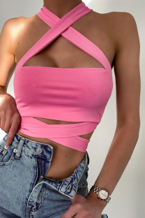 Pink Sexy Solid Split Joint Halter Tops