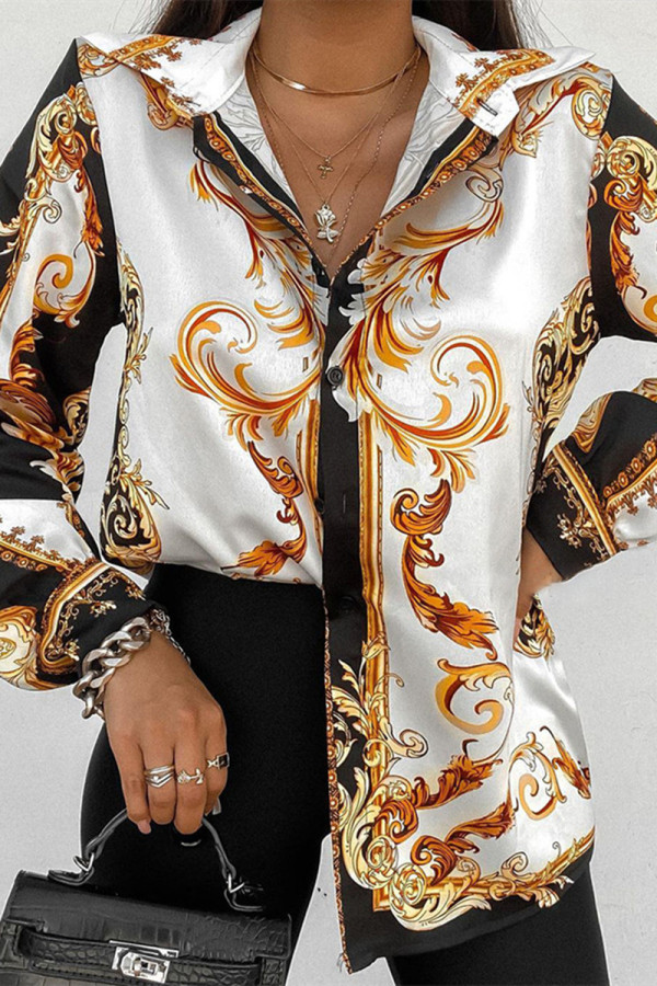 White Fashion Casual Print Basic Turndown Collar Tops