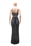 Black Fashion Sexy Hot Drilling Hollowed Out See-through Backless Slit Spaghetti Strap Long Dress